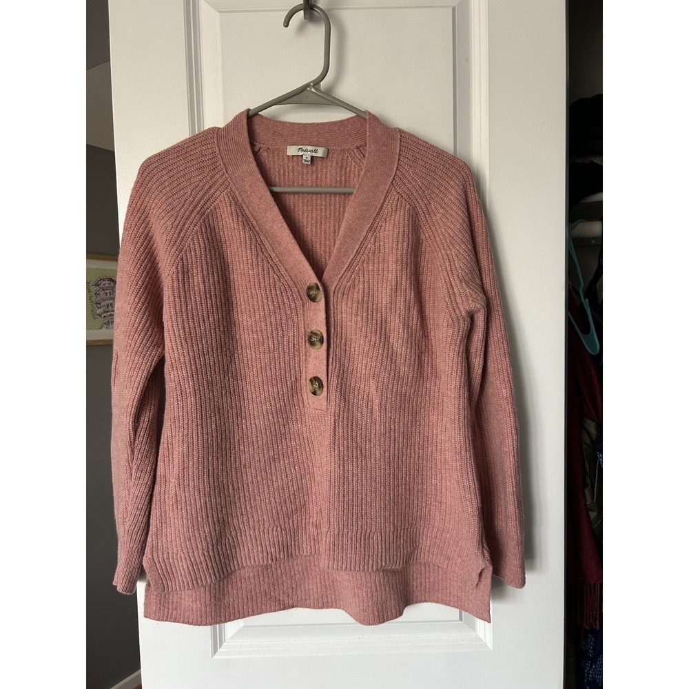 Madewell Button-Front Merino Wool Blend Sweater Pink Ribbed Knit Top Size Small